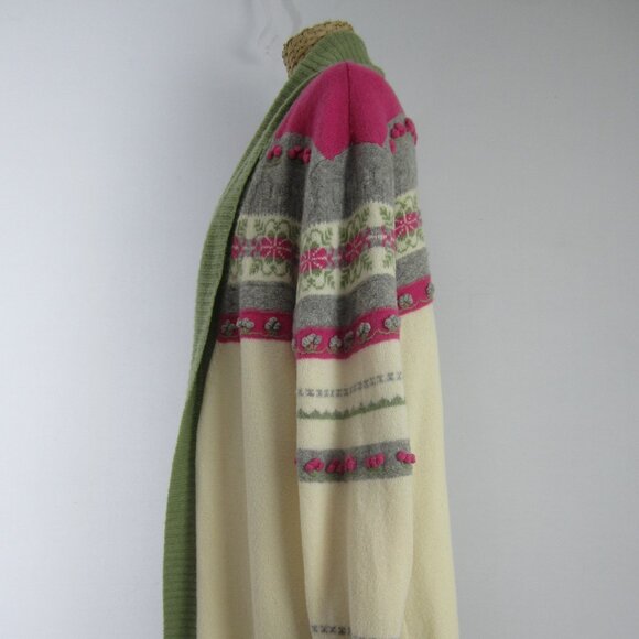 Vtg Gap Body Women M Ivory Green Pink Long Sweater Coat Cardigan Fair Isle Lined - Picture 5 of 12